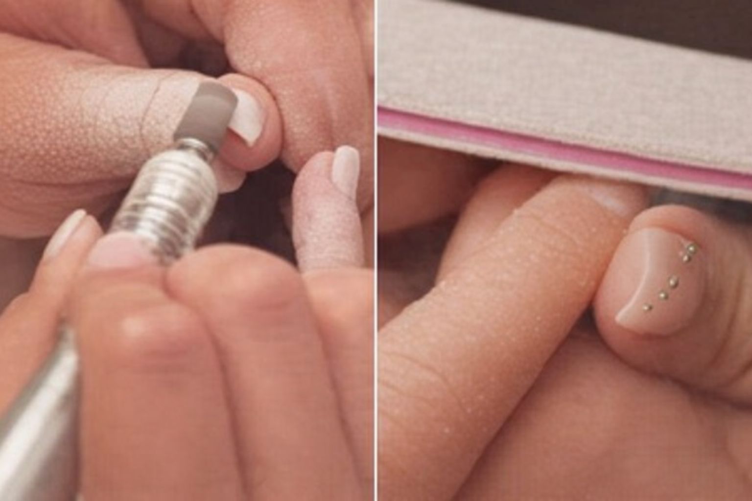 Närbilder på nagelvård: en nagelfil maskin och en handfil används på naglar.